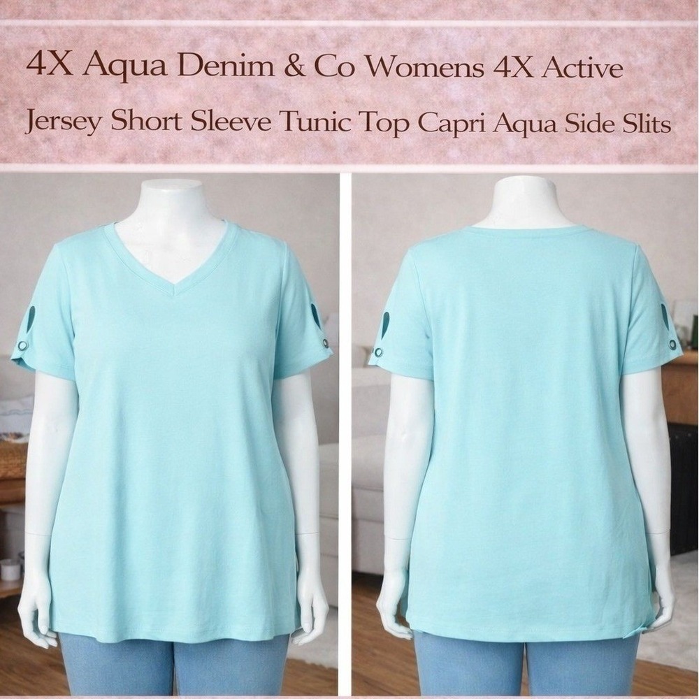 Denim &‎ Co Active Womens 4X Jersey Tunic Top Aqua Blue Keyhole V-Neck